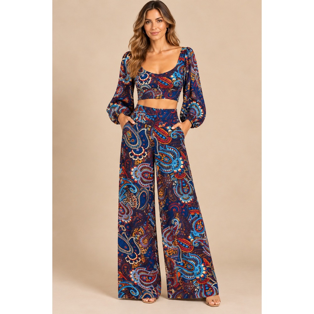Pia Colors Women Two Piece Set S Blue Paisley Crop Top Wide Leg Pants Pockets